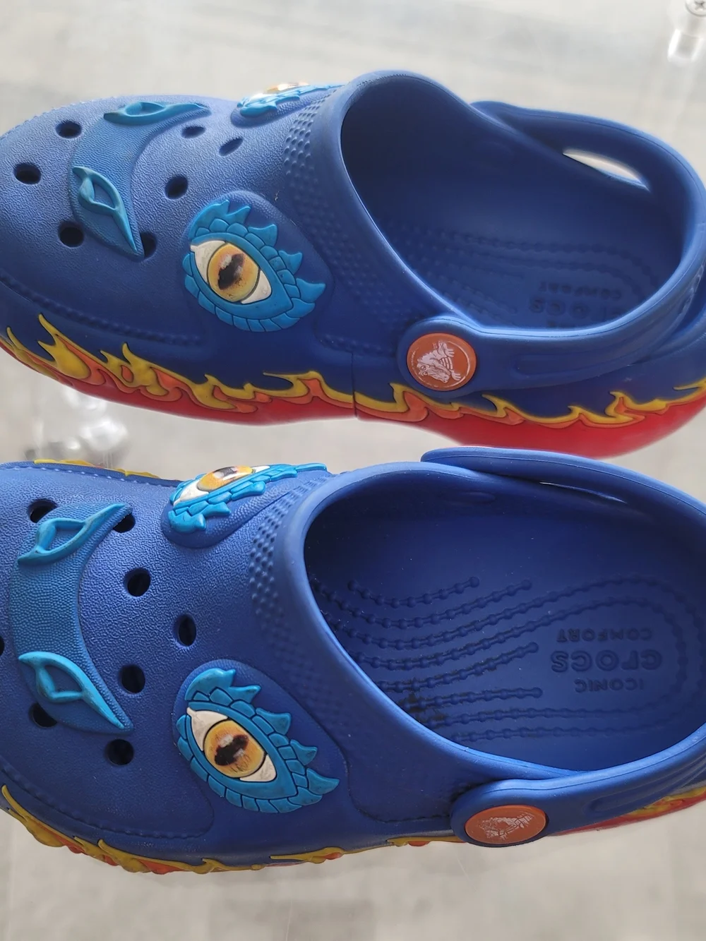 CROCS Kids Blue Dragon Clogs with Red/Yellow Flame Trim